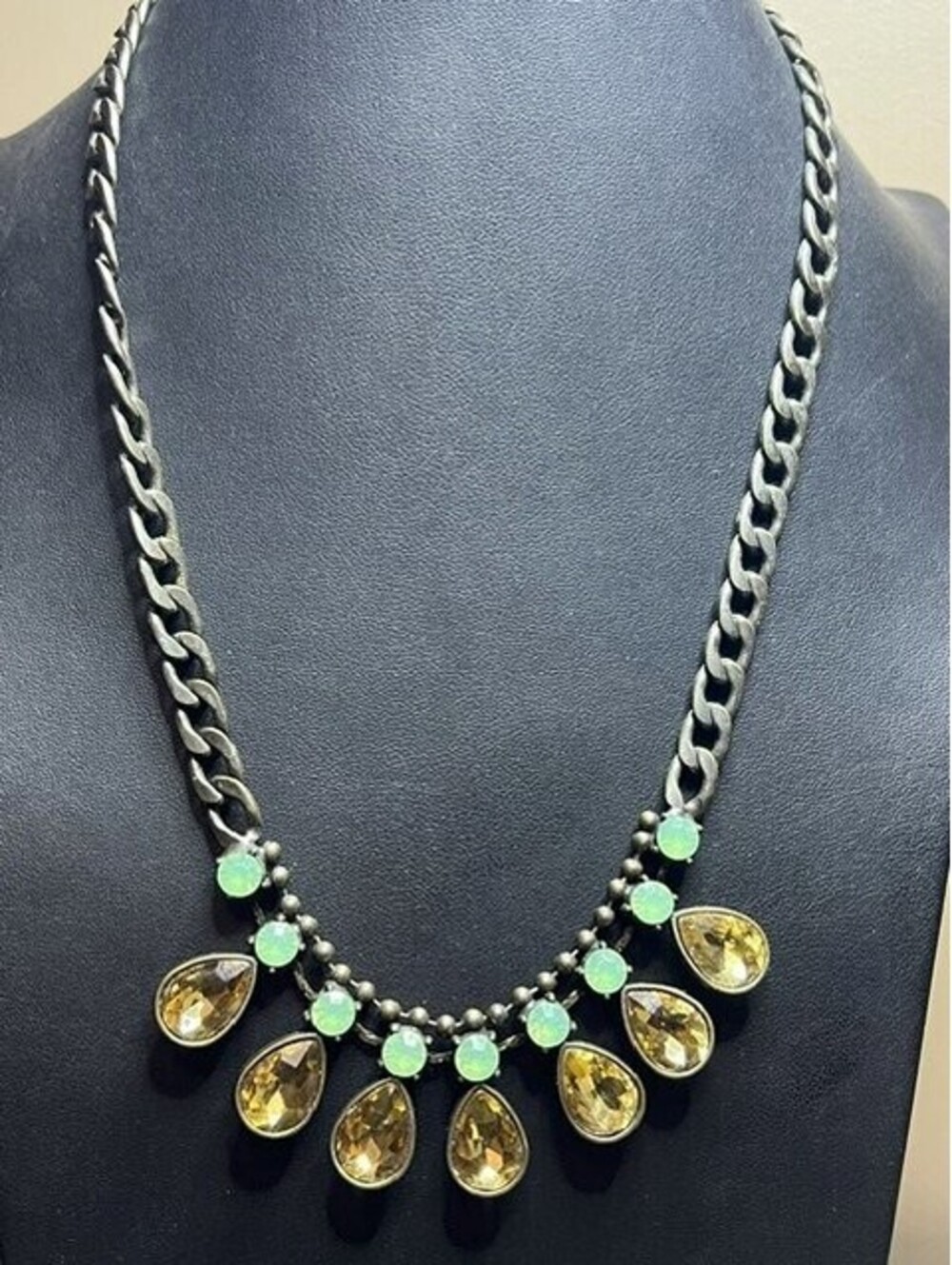 B7576 PLUNDER Statement Bib Necklace  Green Brown Rhinestone 20-22"